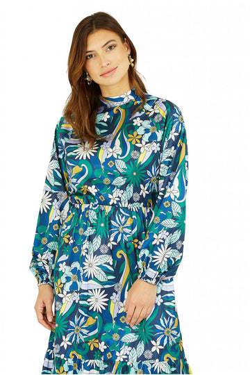 Seventies Floral Print High Neck Midi Dress Yumi